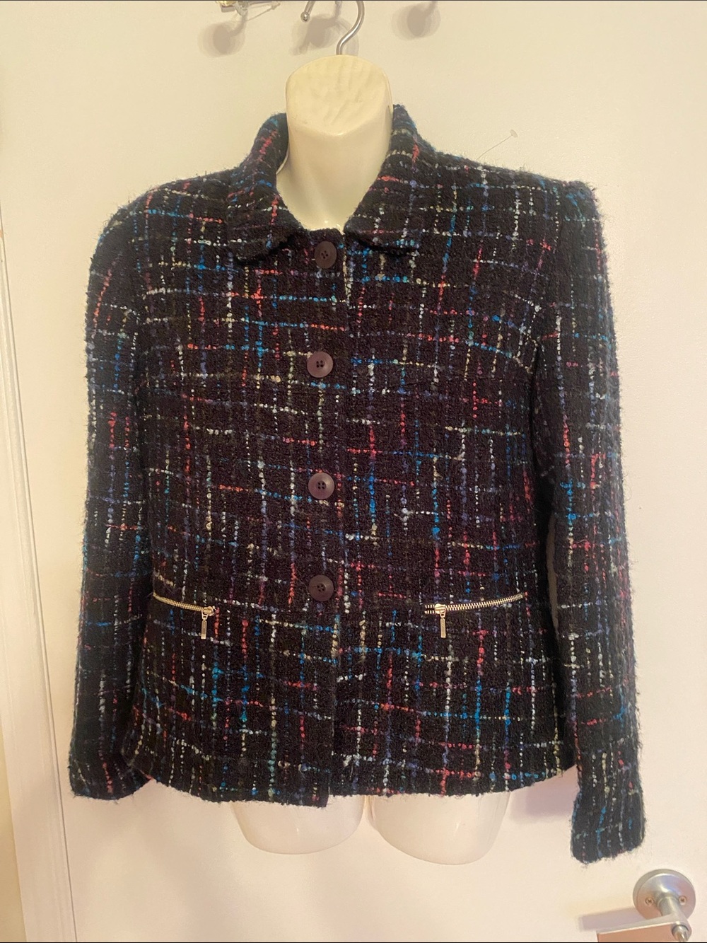 Laurent Alexandre VTG MulticolorTweed Jacket Black w Blue & Pink Accents Size 40
